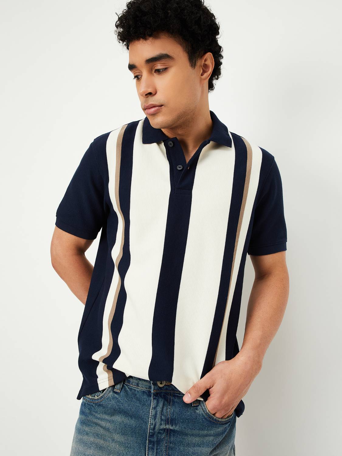 MAX Striped Blue Polo Neck T-Shirt - Image 5