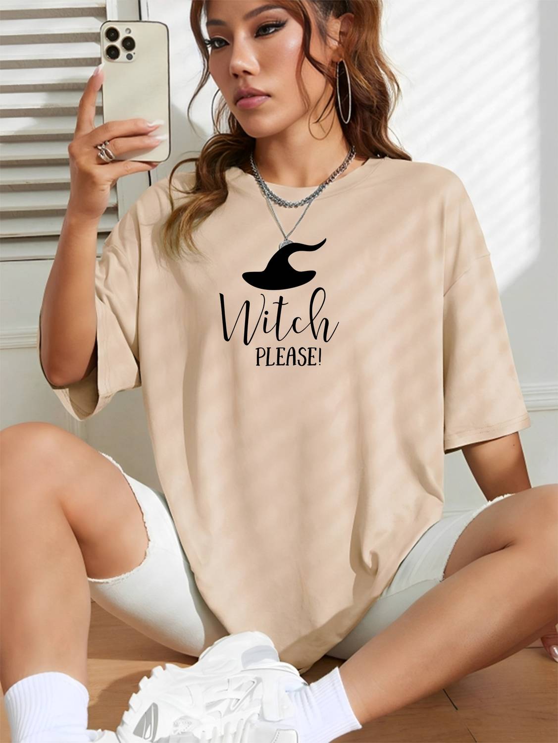 Adam White Graphic Print Women Round Neck Beige T-Shirt