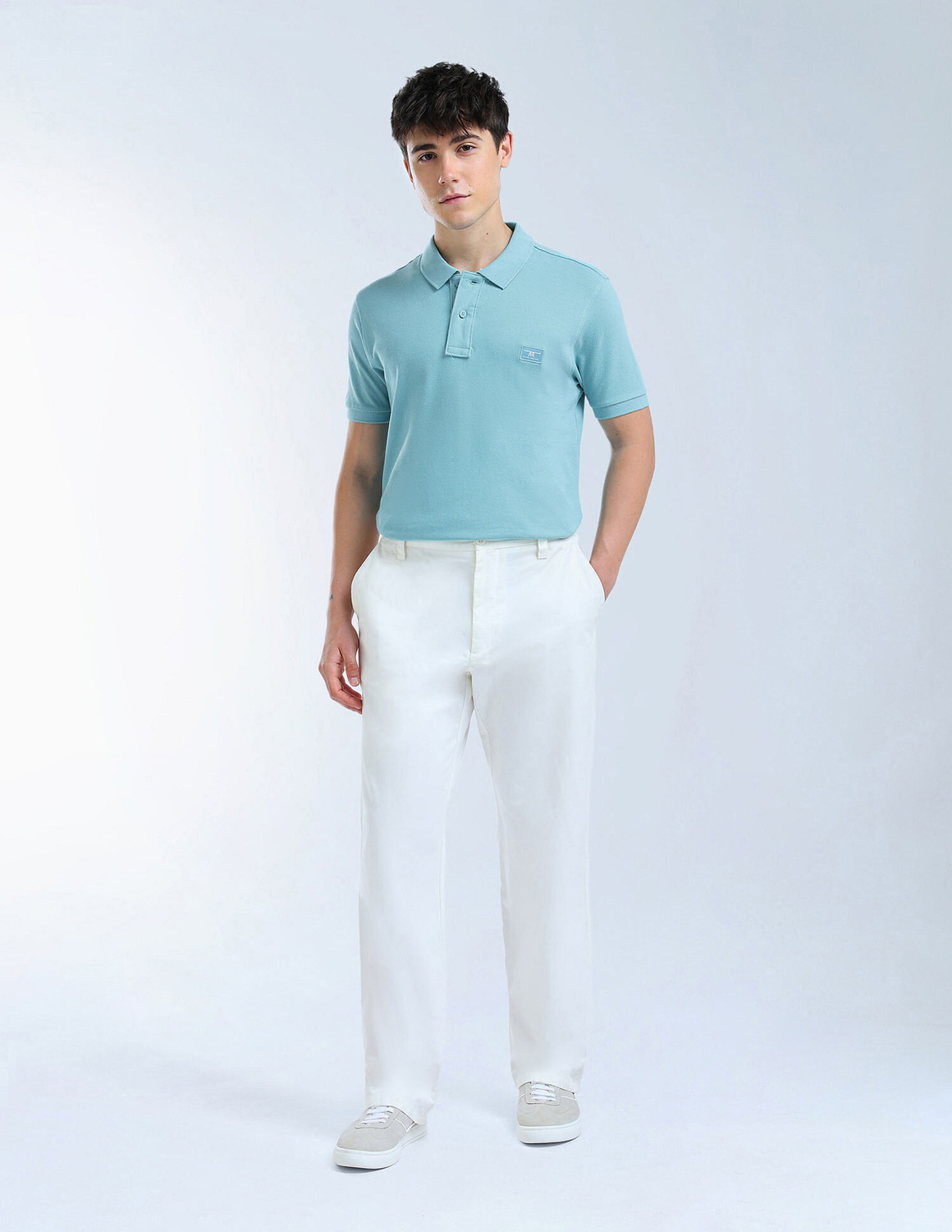 Image of FLYING MACHINE Solid Men Polo Neck Blue T-Shirt