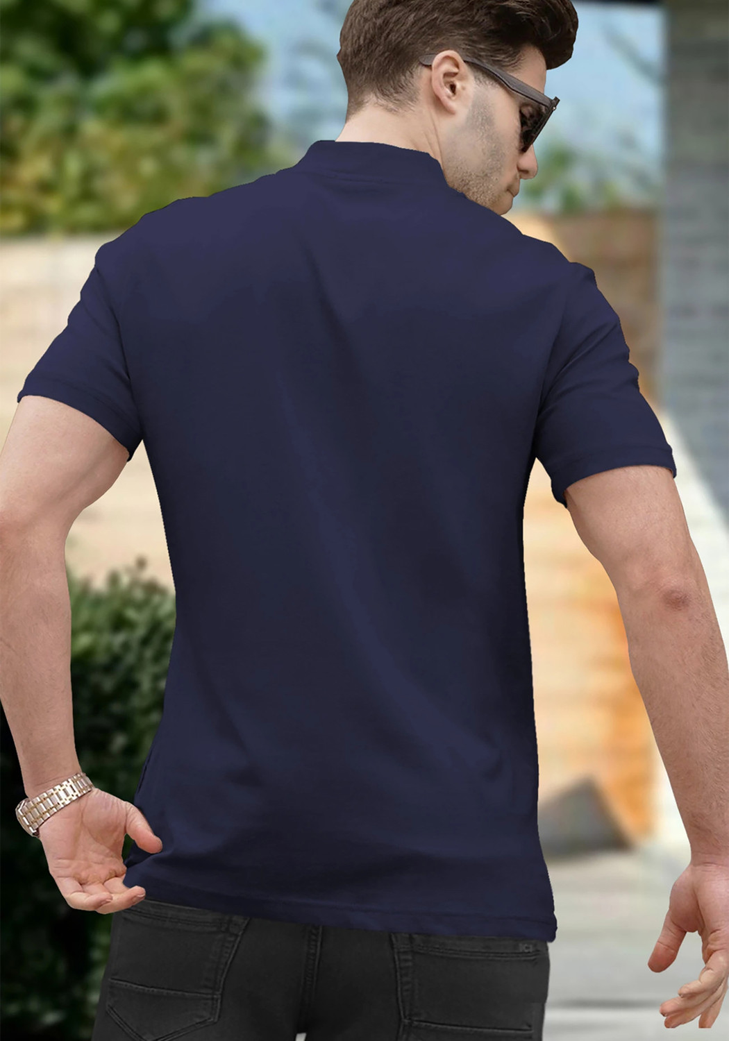 Image of TRIPR Solid Men Henley Neck Navy Blue T-Shirt