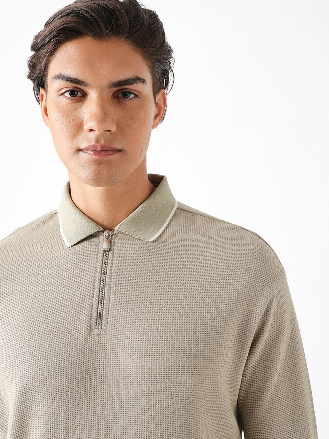 Image of THE BEAR HOUSE Self Design Men Polo Neck Light Green T-Shirt