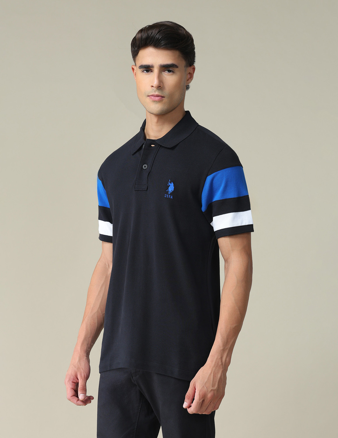 Image of U.S. POLO ASSN. Colorblock Men Polo Neck Black, Dark Blue, White T-Shirt