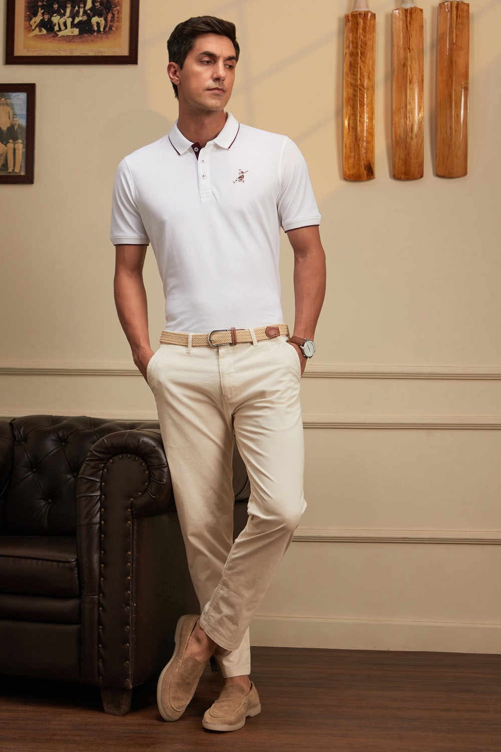 Image of PETER ENGLAND Self Design Men Polo Neck White T-Shirt