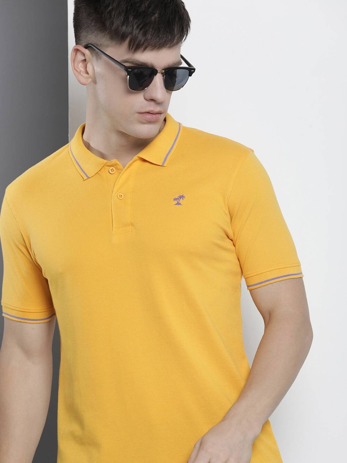 The Indian Garage Co. Men Solid Polo Neck Cotton Blend Yellow T-S