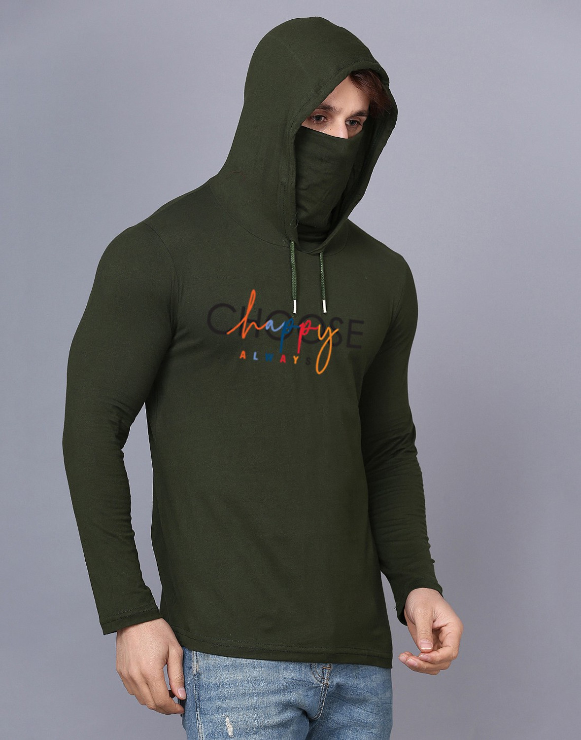 Image of TEEFOX Men Typography Hooded Neck Cotton Blend Green T-Shirt