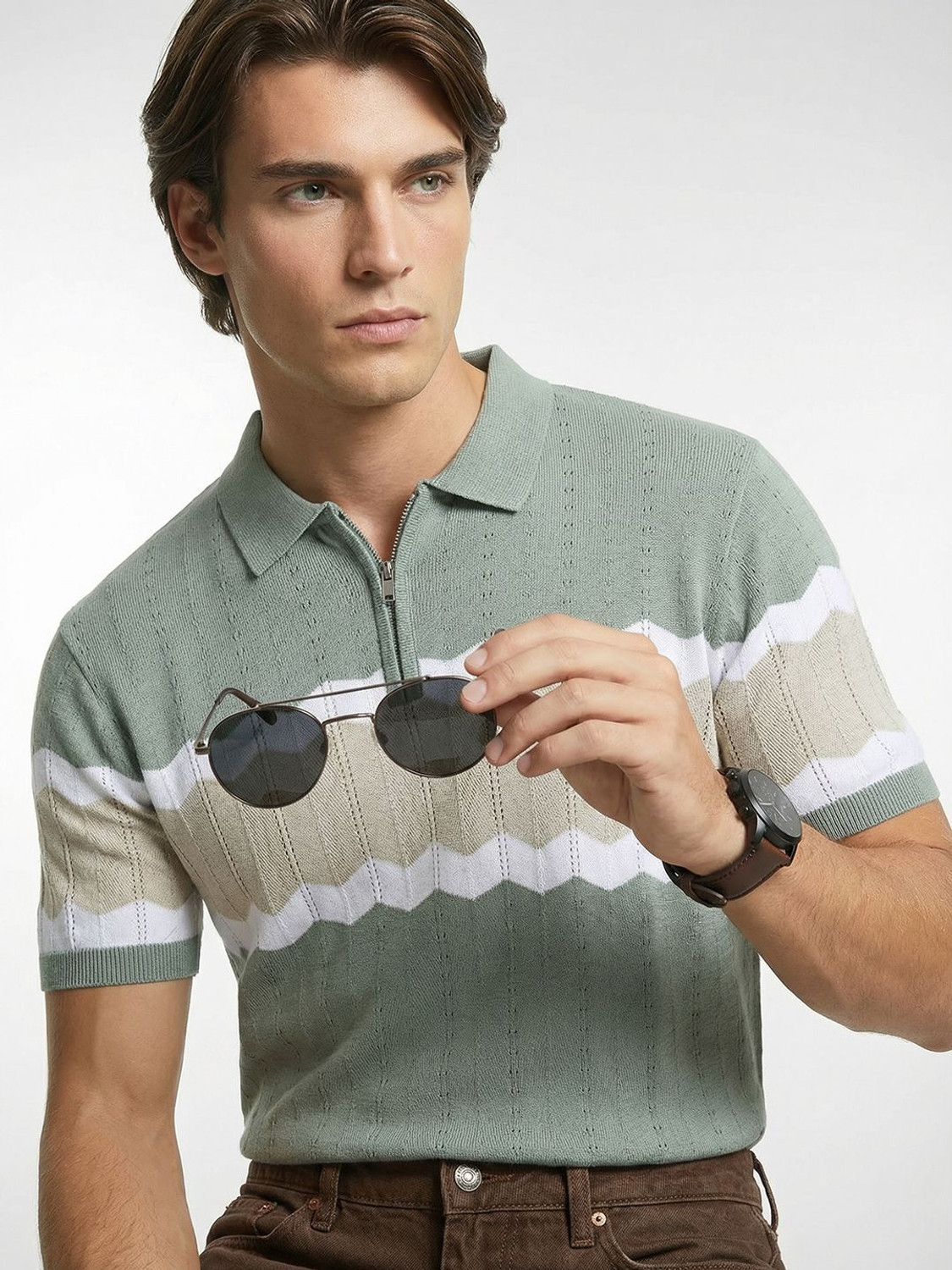 Image of French Connection Colorblock Men Polo Neck Green T-Shirt