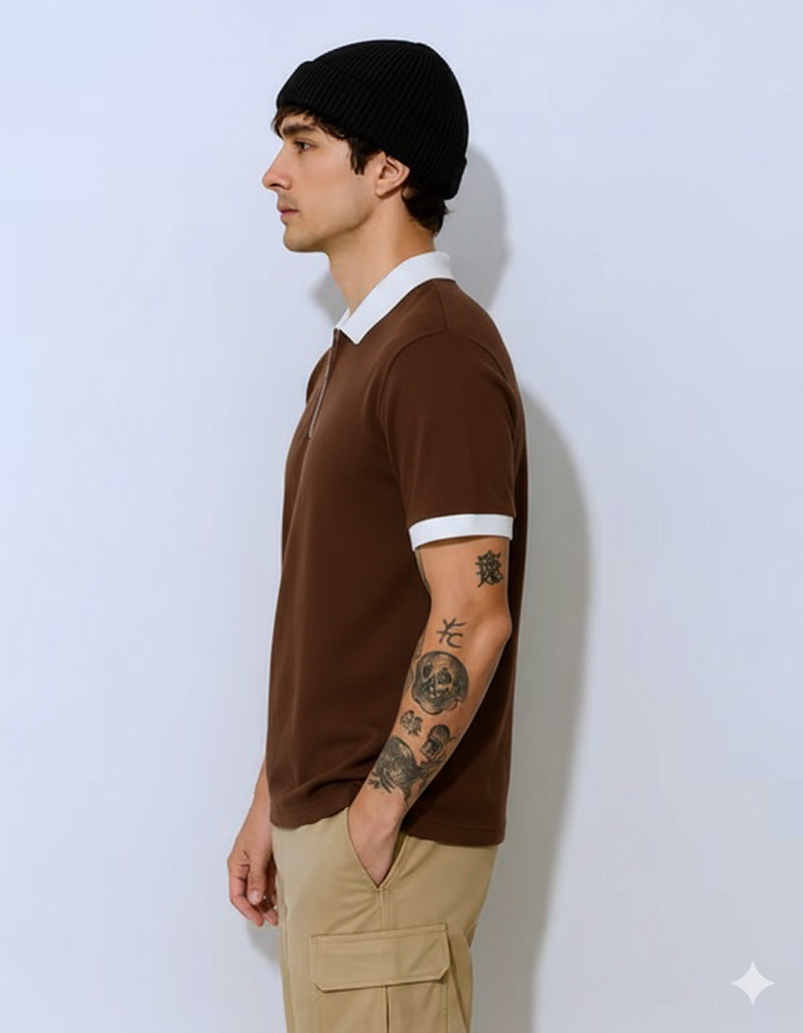 Image of CrisPet Solid, Self Design Men Zip Neck Brown T-Shirt