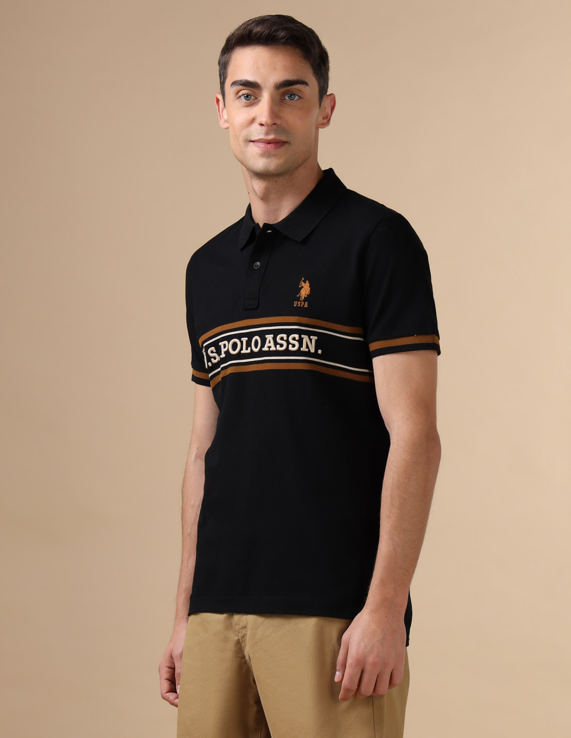 Image of U.S. POLO ASSN. Graphic Print Men Polo Neck Black T-Shirt