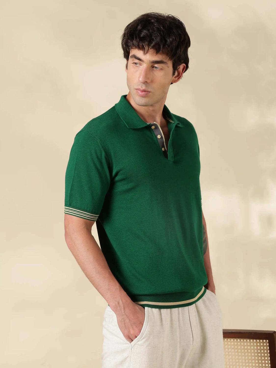 MR BUTTON Solid Men Polo Neck Green T-Shirt - Image 3