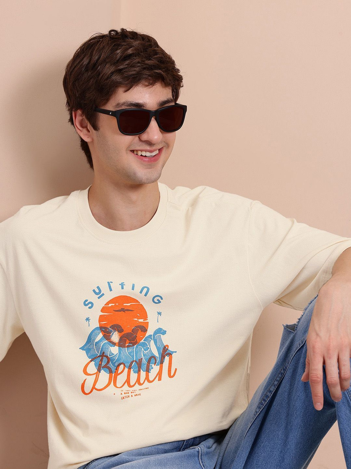 Image of Mast & Harbour Printed Men Round Neck Beige T-Shirt