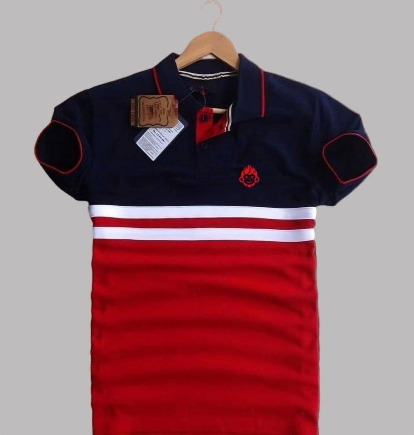 SRK EXIM Men Striped Polo Neck Cotton Blend Navy Blue T-Shirt