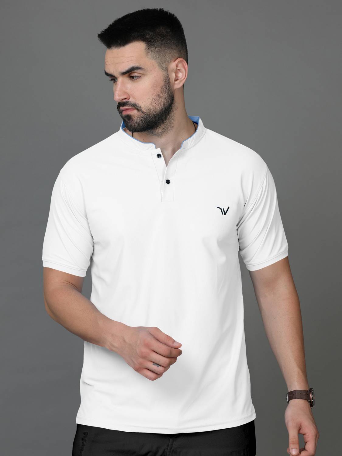 Mentific Solid Men Mandarin Collar White T-Shirt