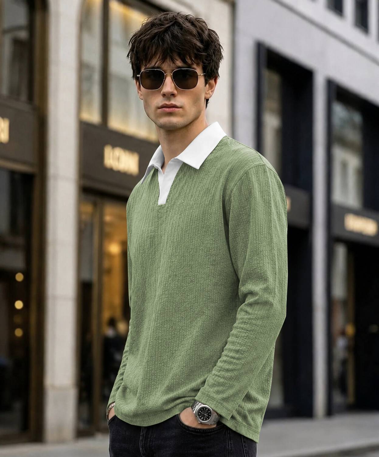 Men Self Design Polo Neck Polyester Green T-Shirt - Image 3