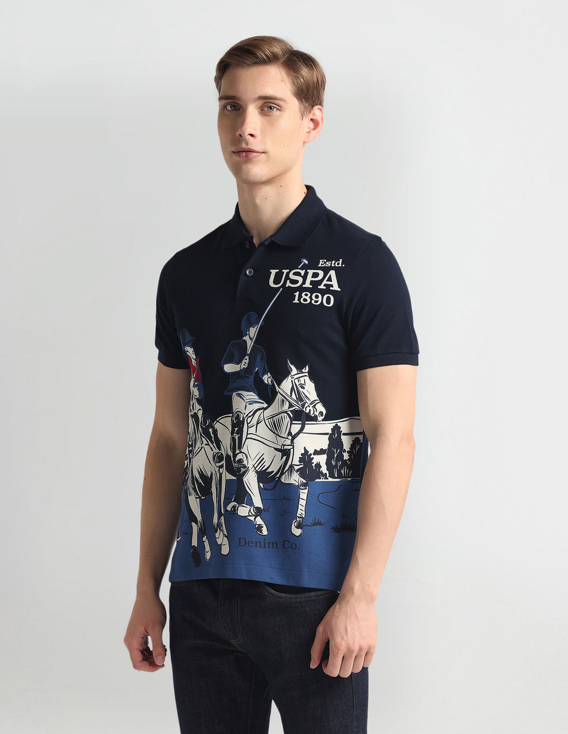 Image of U.S. POLO ASSN. Printed Men Polo Neck Blue T-Shirt