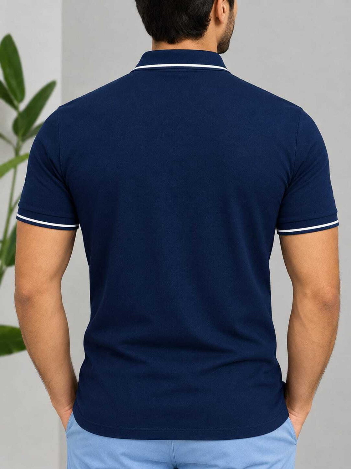 Image of AACHIPAN Men Colorblock Polo Neck Pure Cotton Dark Blue T-Shirt