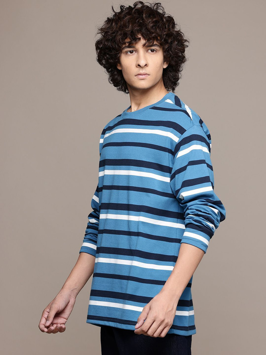 Image of Roadster Striped Men Round Neck Blue T-Shirt
