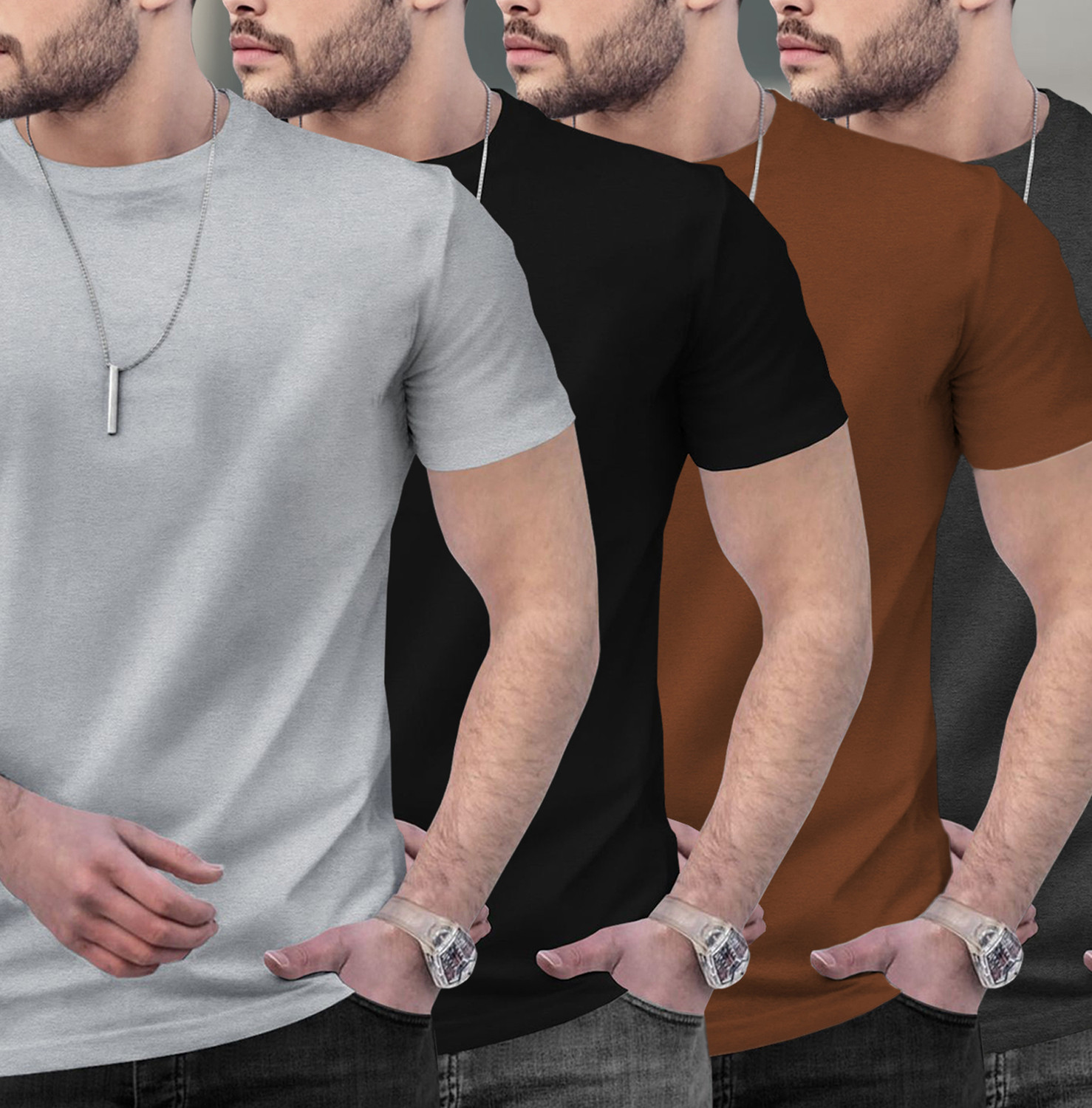 Image of TRIPR Solid Men Round Neck Multicolor T-Shirt
