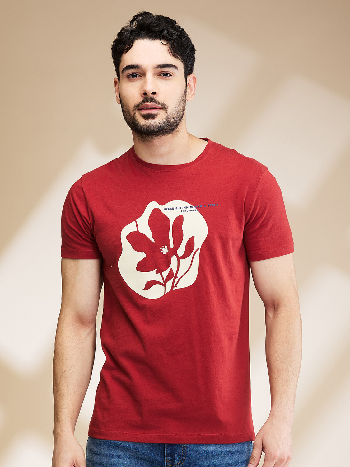 Image of BEING HUMAN Printed Men Crew Neck Red T-Shirt