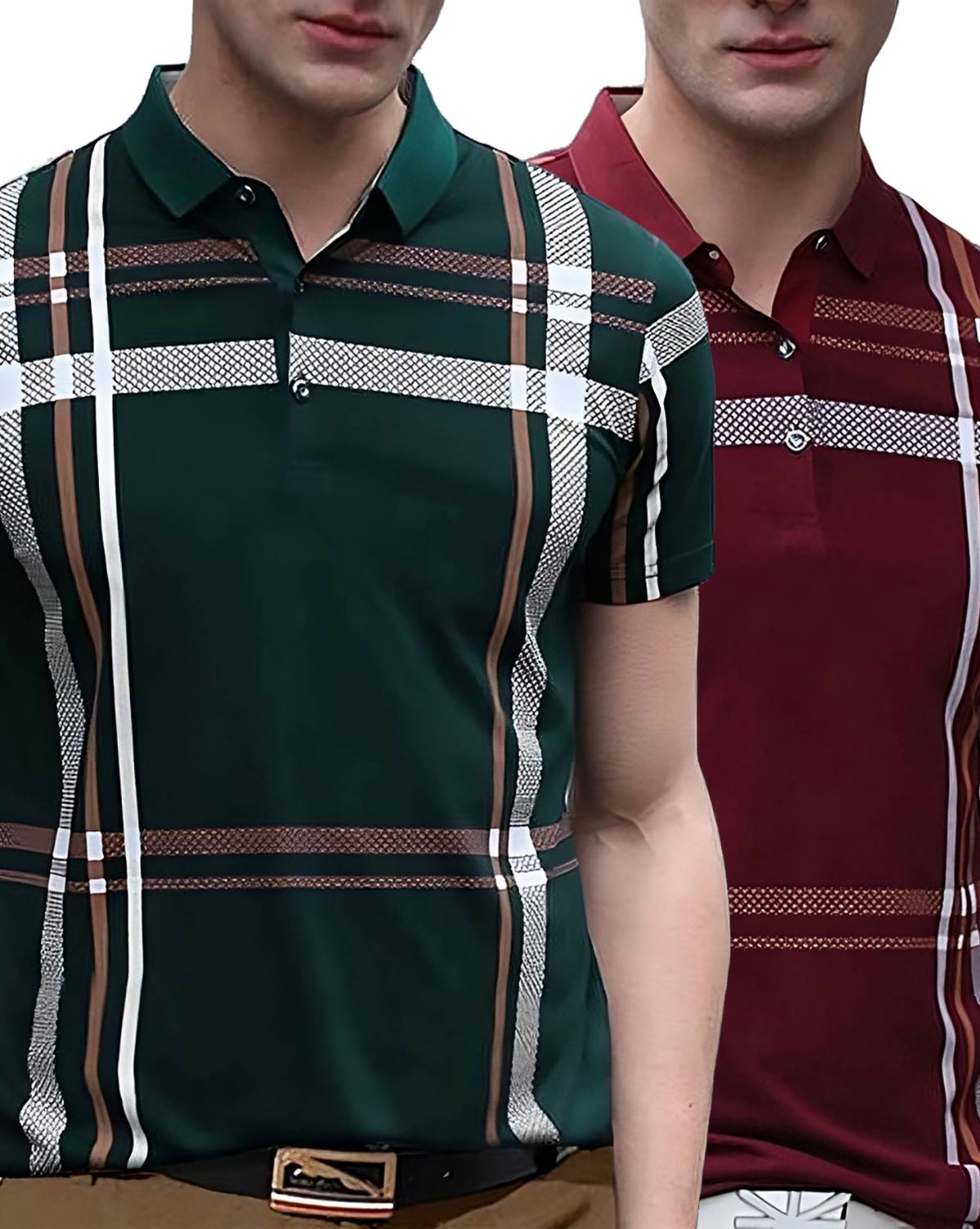 AUSK Pack of 2 Men Checkered Polo Neck Cotton Blend Multicolor T-