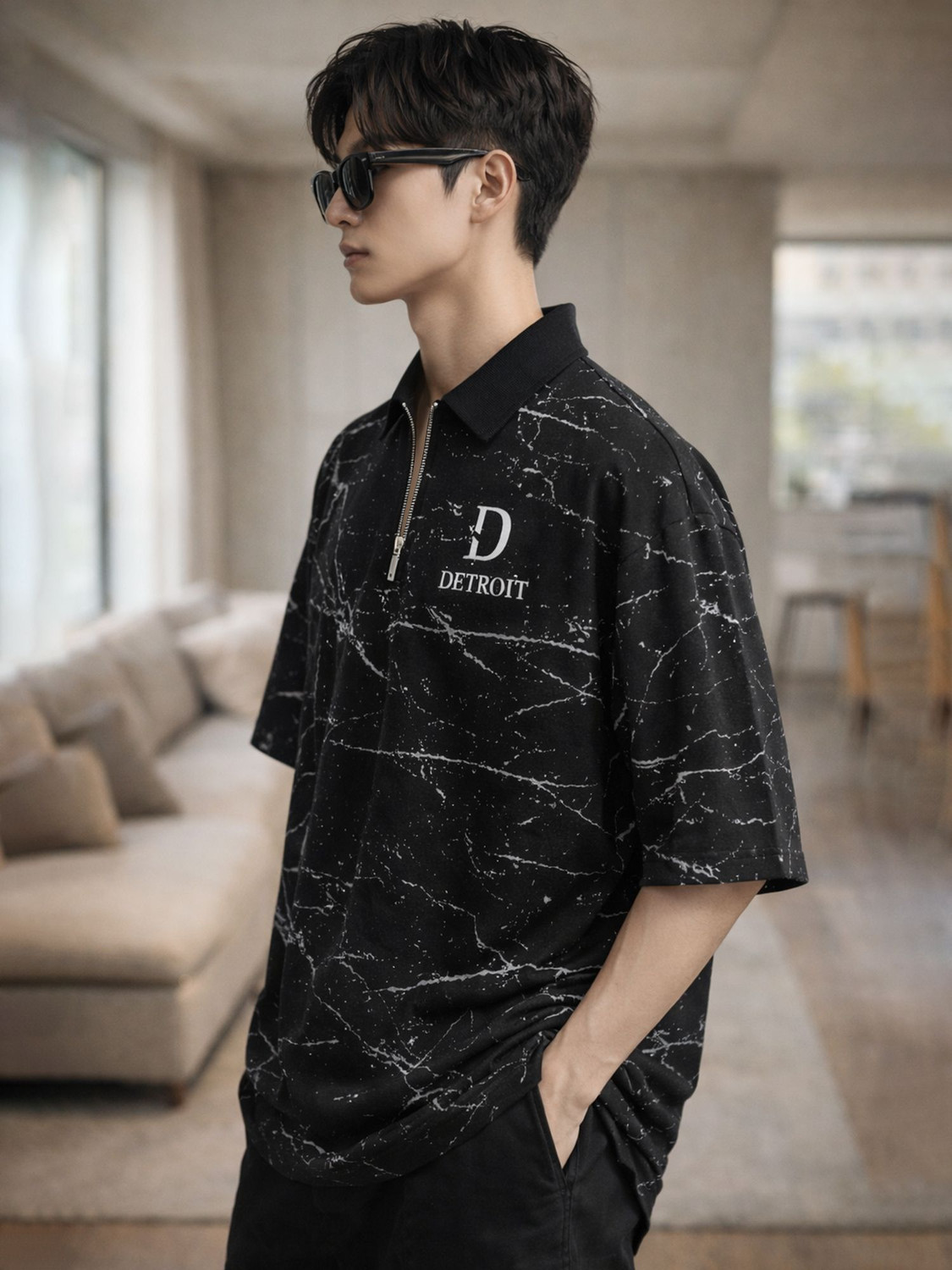 Image of Jump Cuts Printed Men Zip Neck Black, Grey T-Shirt