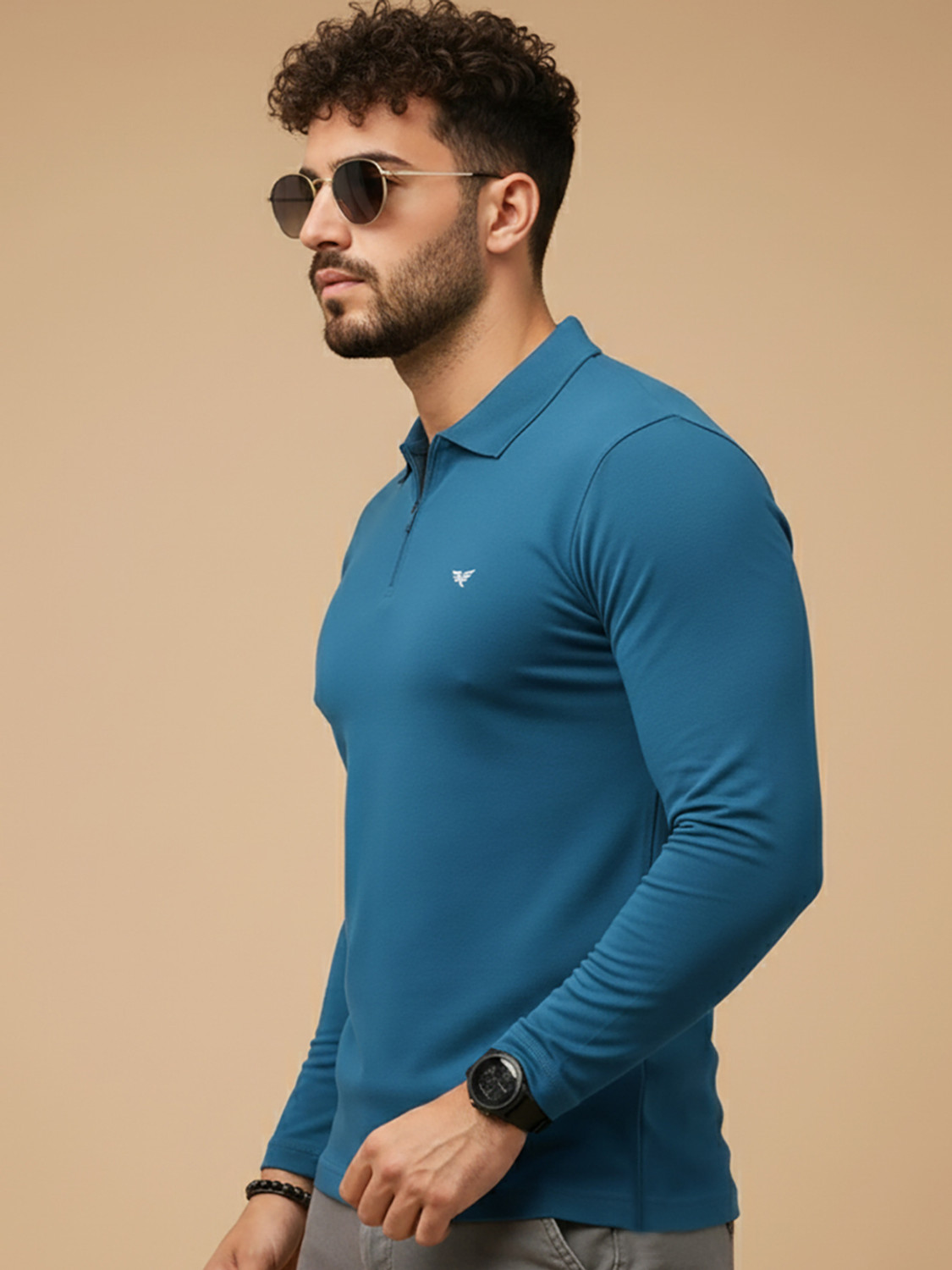 Image of RISS CLOTHING Solid Men Polo Neck Dark Blue T-Shirt