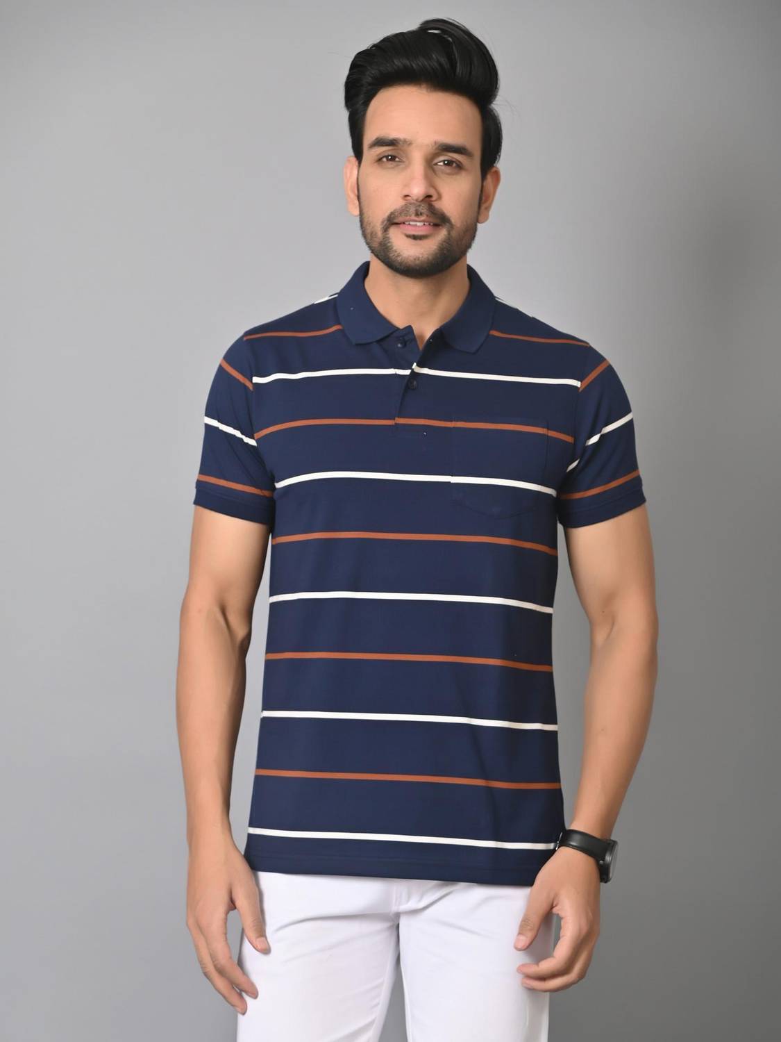Arbour Striped Men Polo Neck Navy Blue T-Shirt