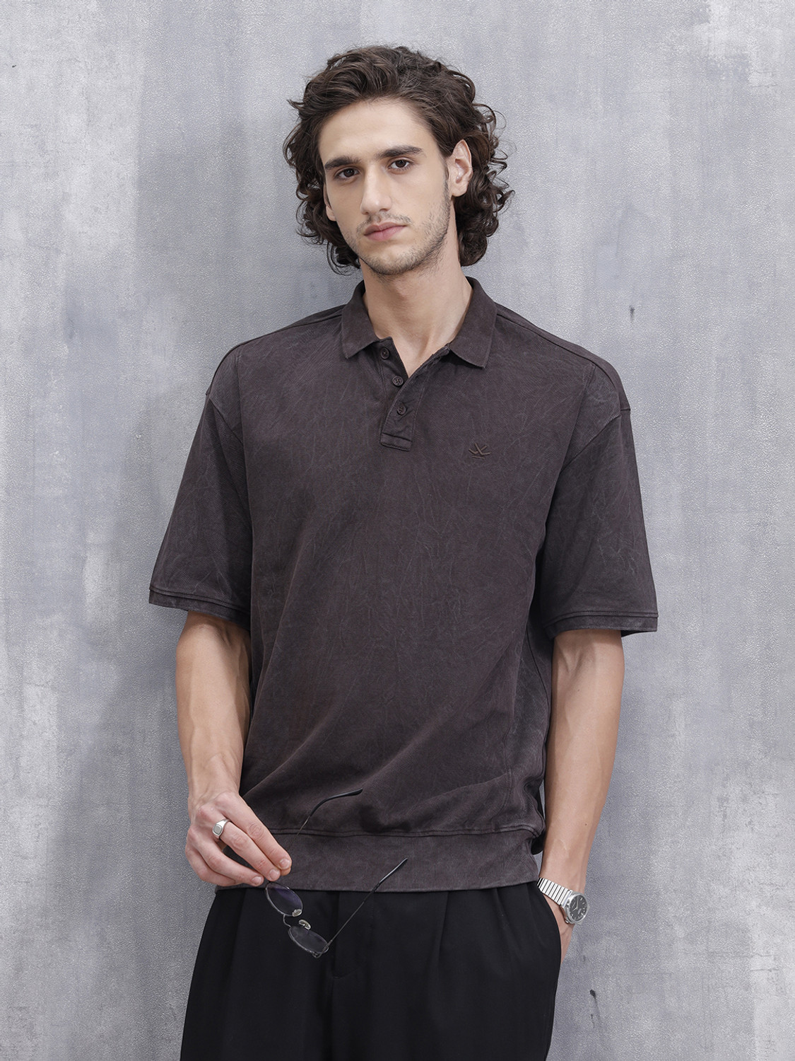 Image of WROGN Washed Men Polo Neck Brown T-Shirt