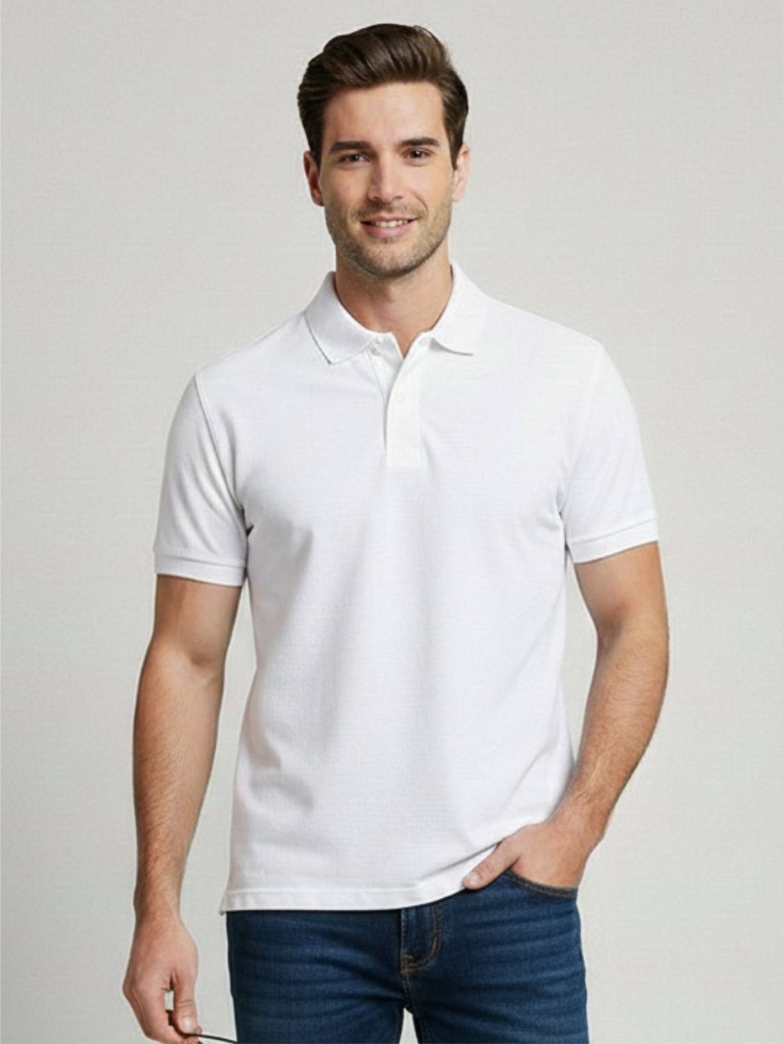 Polo Plus Men Solid Polo Neck Pure Cotton White T-Shirt