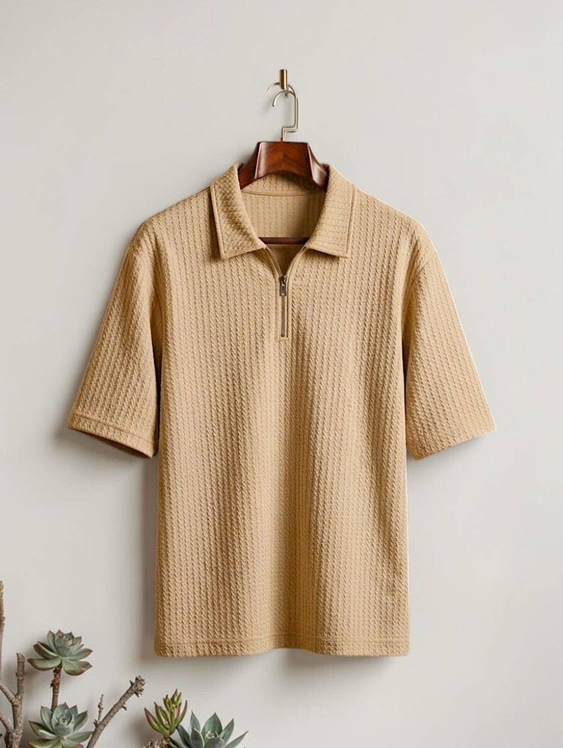 ADIXUS Solid Men Zip Neck Beige T-Shirt