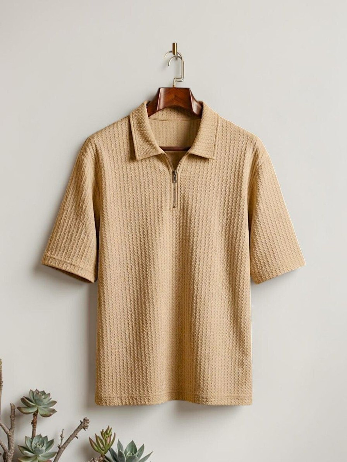 Image of ADIXUS Solid Men Zip Neck Beige T-Shirt