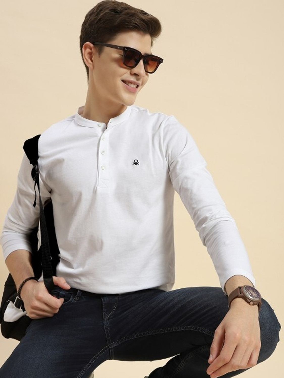 Image of United Colors of Benetton Solid Men Henley Neck White T-Shirt
