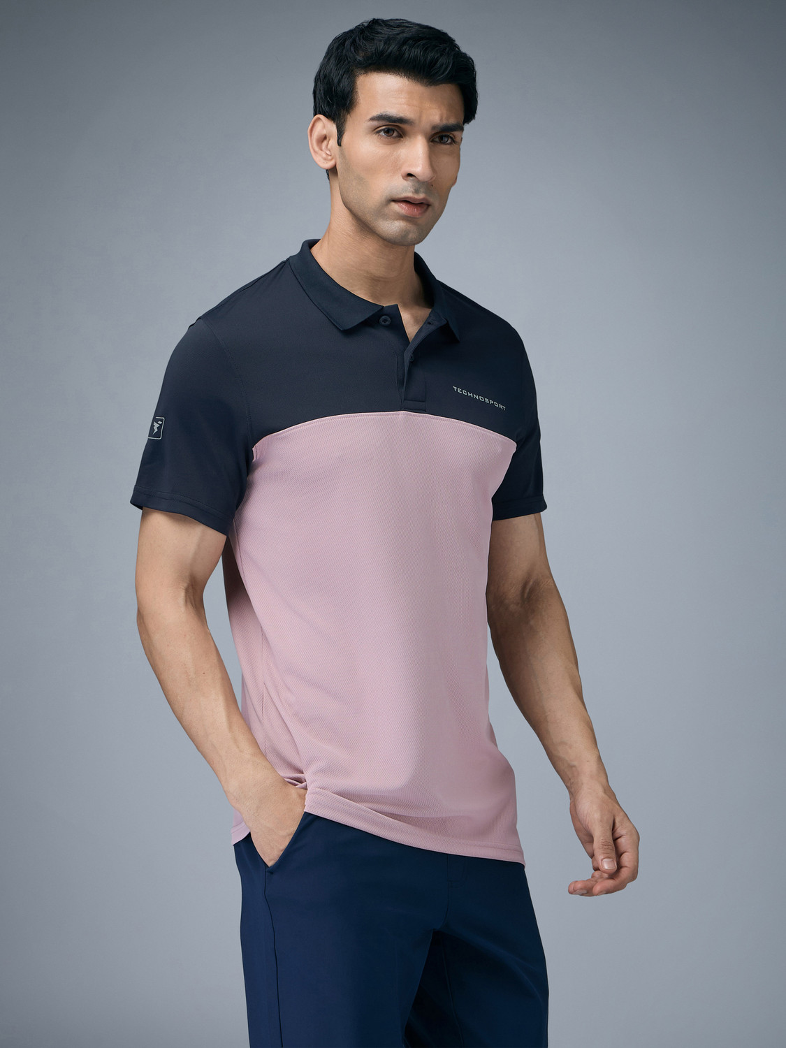 Image of TECHNOSPORT Colorblock Men Polo Neck Pink T-Shirt