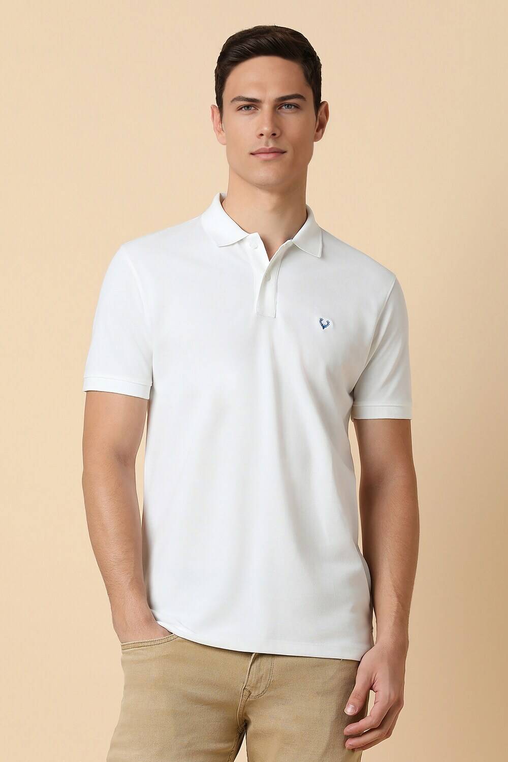 Allen Solly Men Solid Polo Neck Cotton Blend White T-Shirt