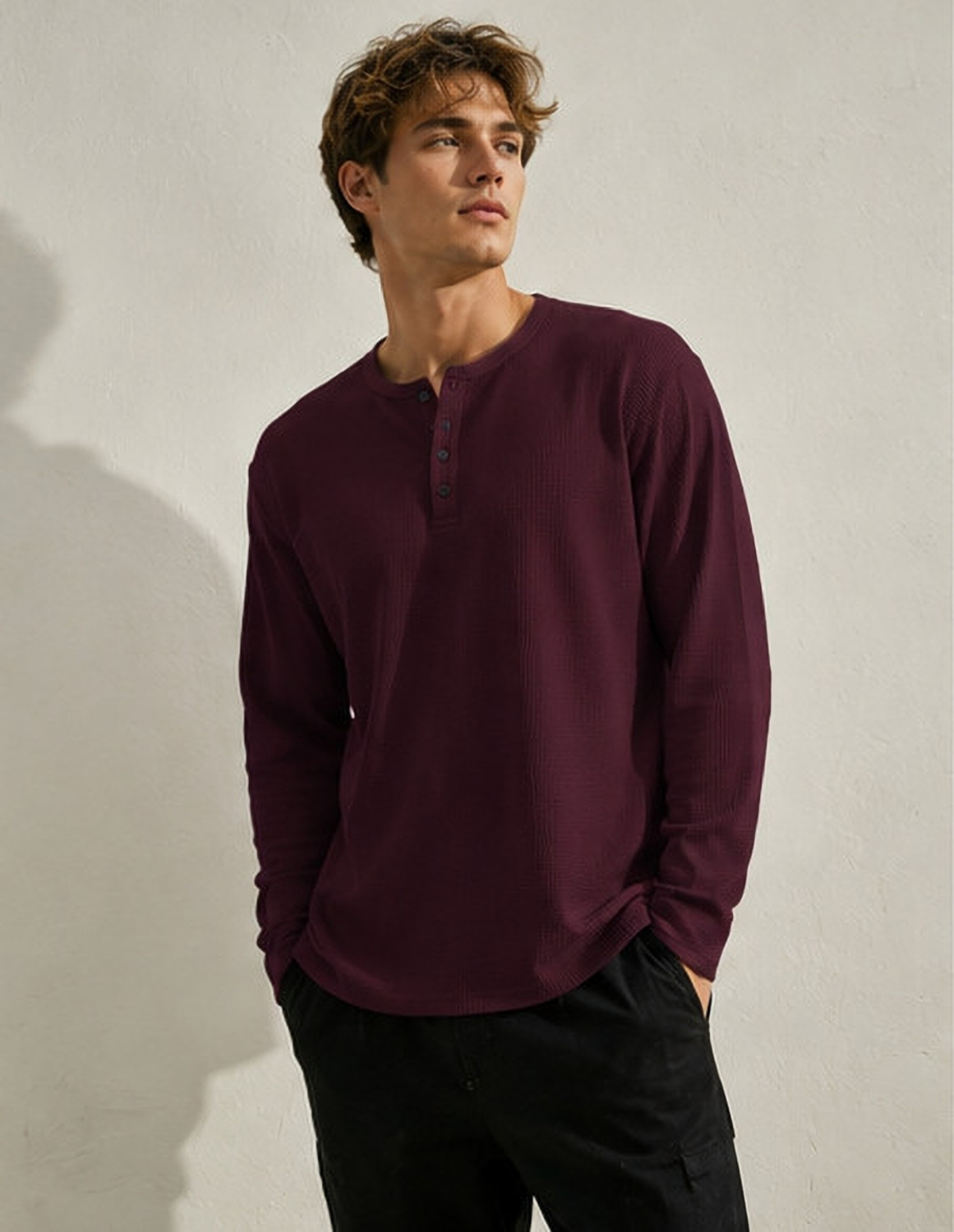 Image of NOOK Self Design Men Henley Neck Maroon T-Shirt