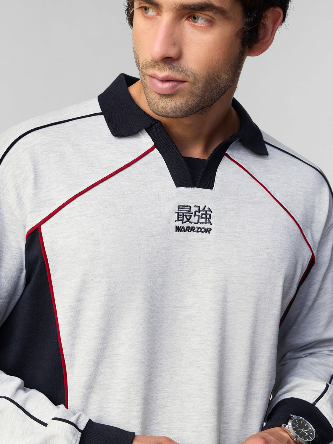 Image of The Souled Store Embroidered Men Polo Neck Grey T-Shirt