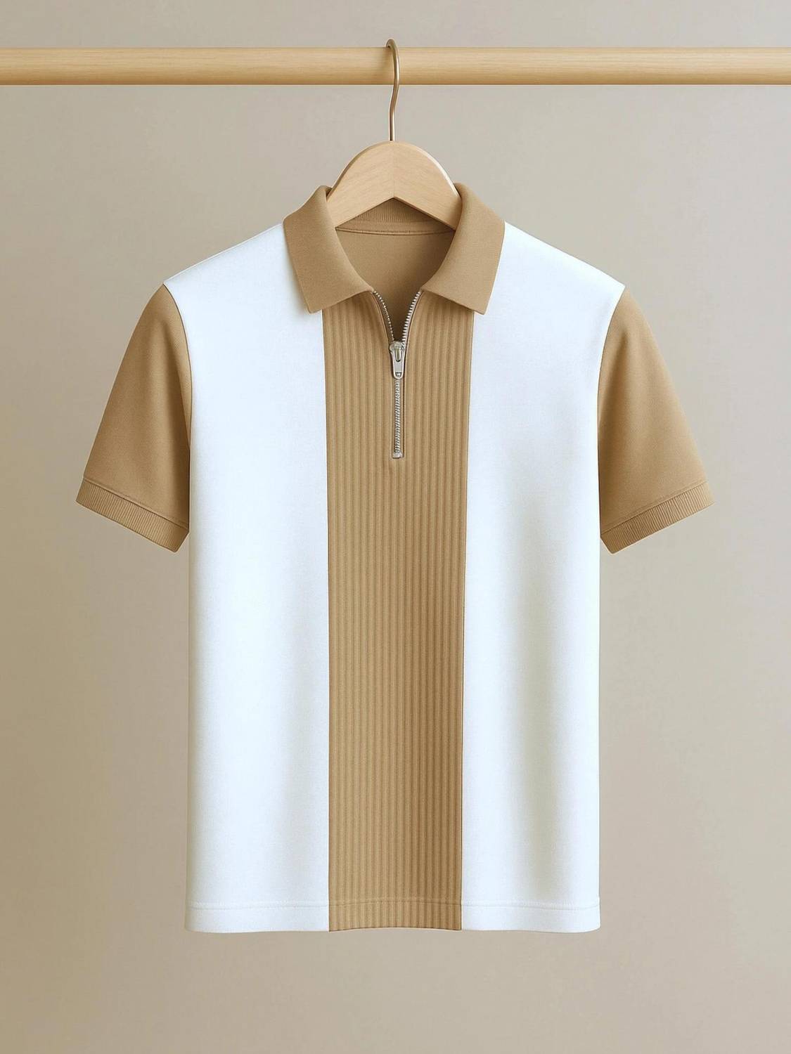 Try Colorblock Men Zip Neck Brown, White T-Shirt - Image 1