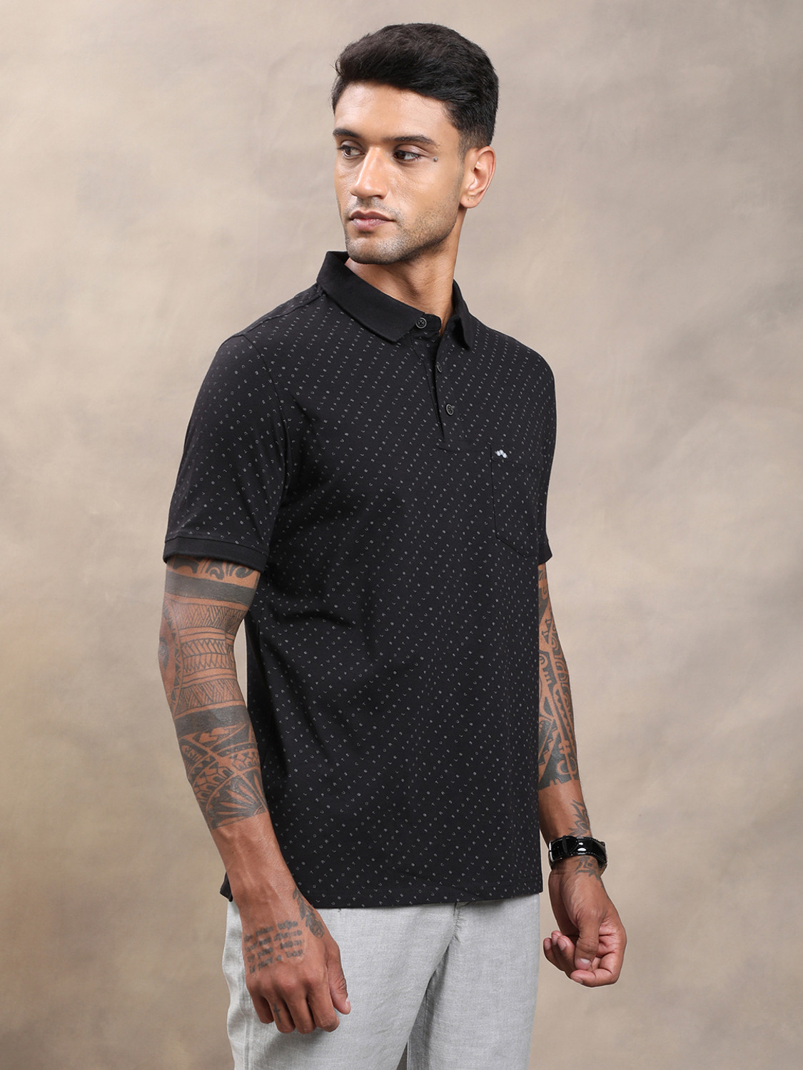 Image of TURTLE Printed Men Polo Neck Black T-Shirt