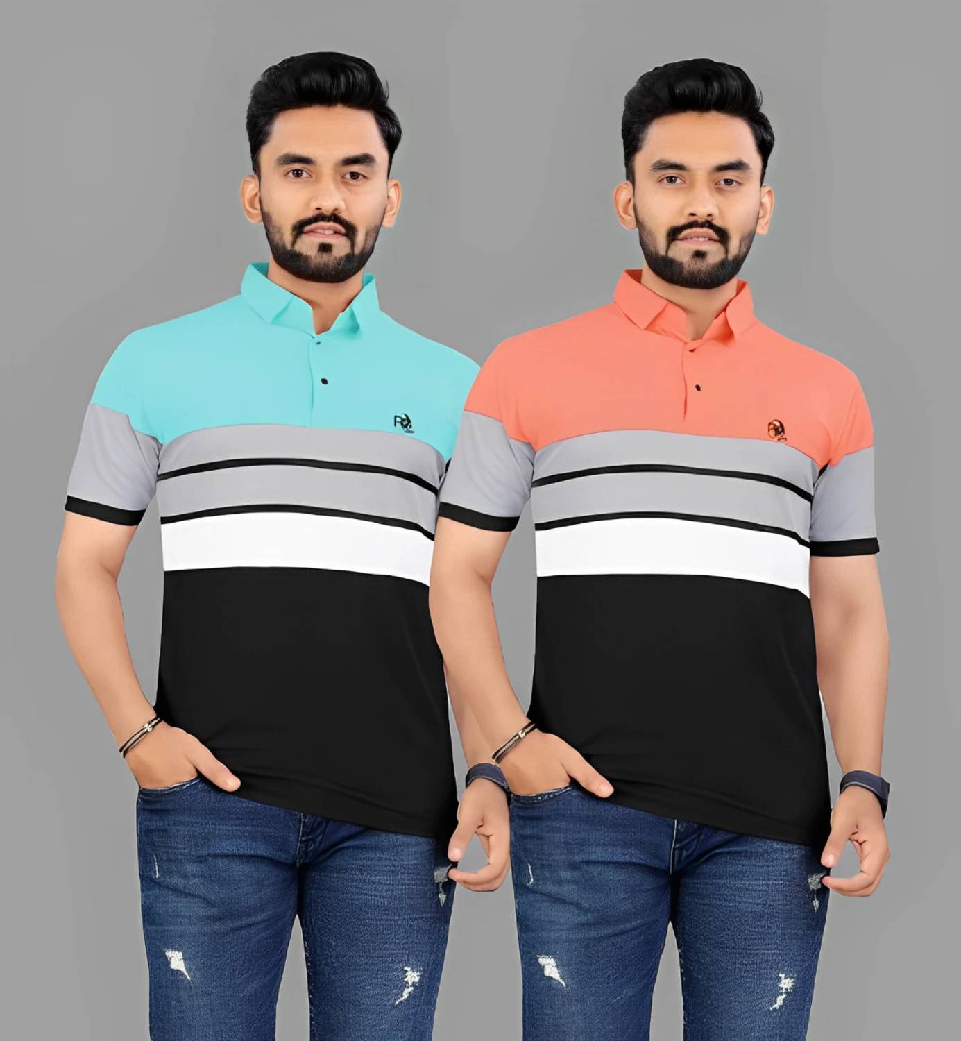 rggarment Pack of 2 Men Printed Polo Neck Cotton Blend Light Blue