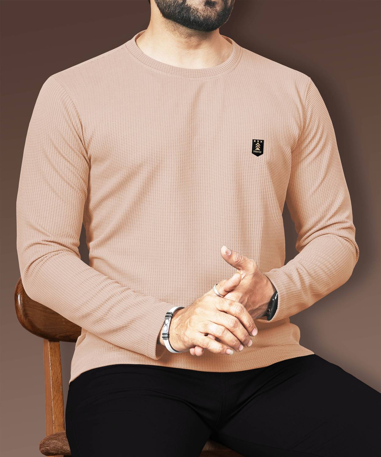 VeBNoR Men Self Design Round Neck Polyester Beige T-Shirt