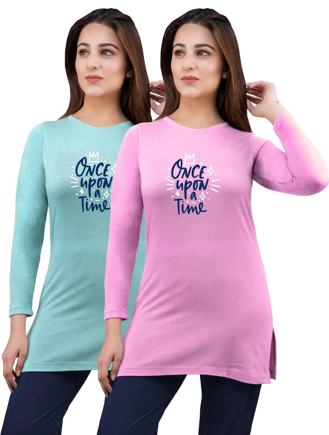 AMAHA Printed Women Round Neck Light Blue, Pink T-Shirt