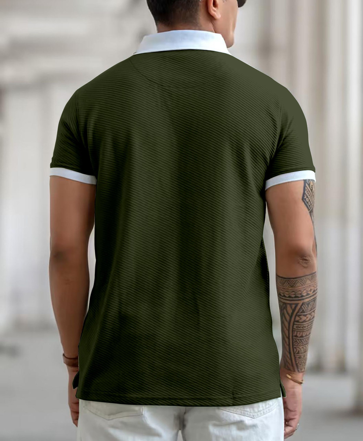 Image of COMBRAIDED Self Design Men Polo Neck Green T-Shirt