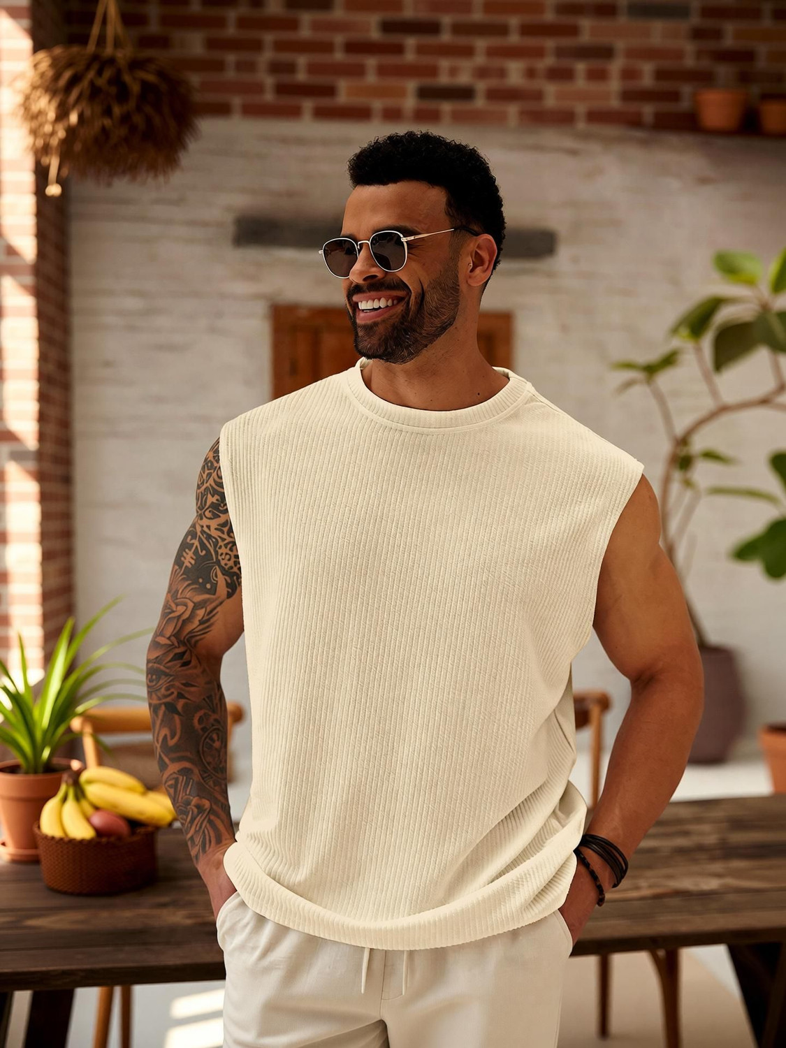 Image of KAJARU Self Design Men Round Neck Beige T-Shirt