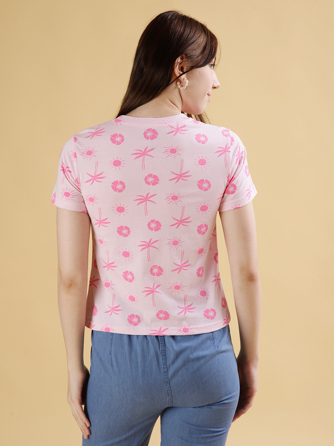 Image of V-MART Printed Women Round Neck Pink T-Shirt