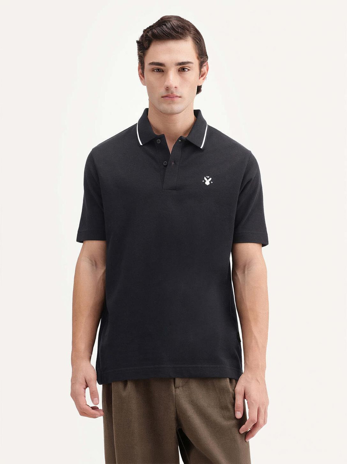 Image of RARE RABBIT Men Solid Polo Neck Cotton Blend Black T-Shirt
