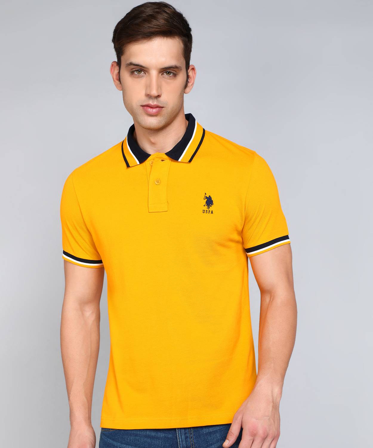 U.S. POLO ASSN. Men Solid Polo Neck Pure Cotton Yellow T-Shirt