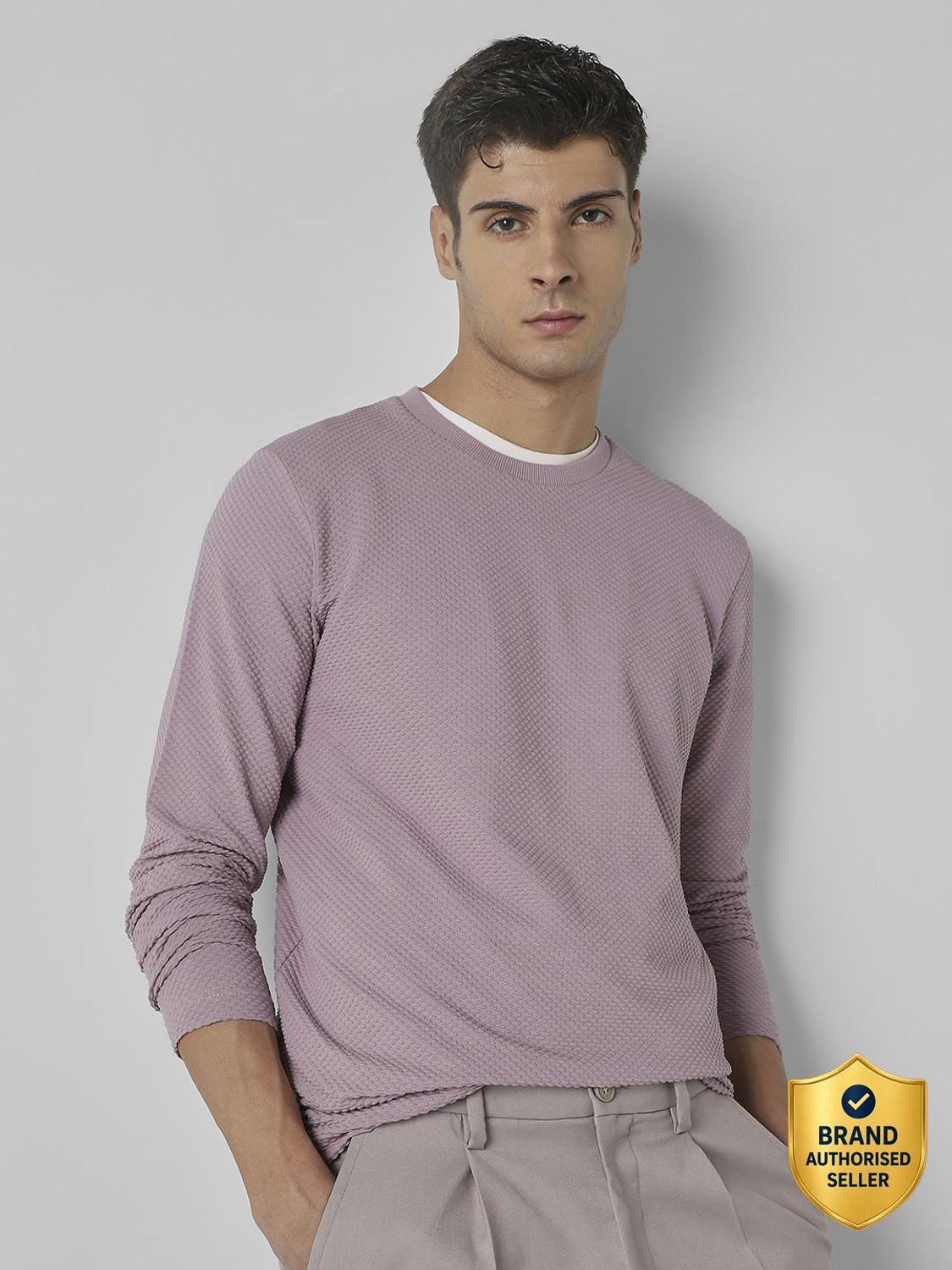 Image of MUFTI Solid Men Crew Neck Purple T-Shirt