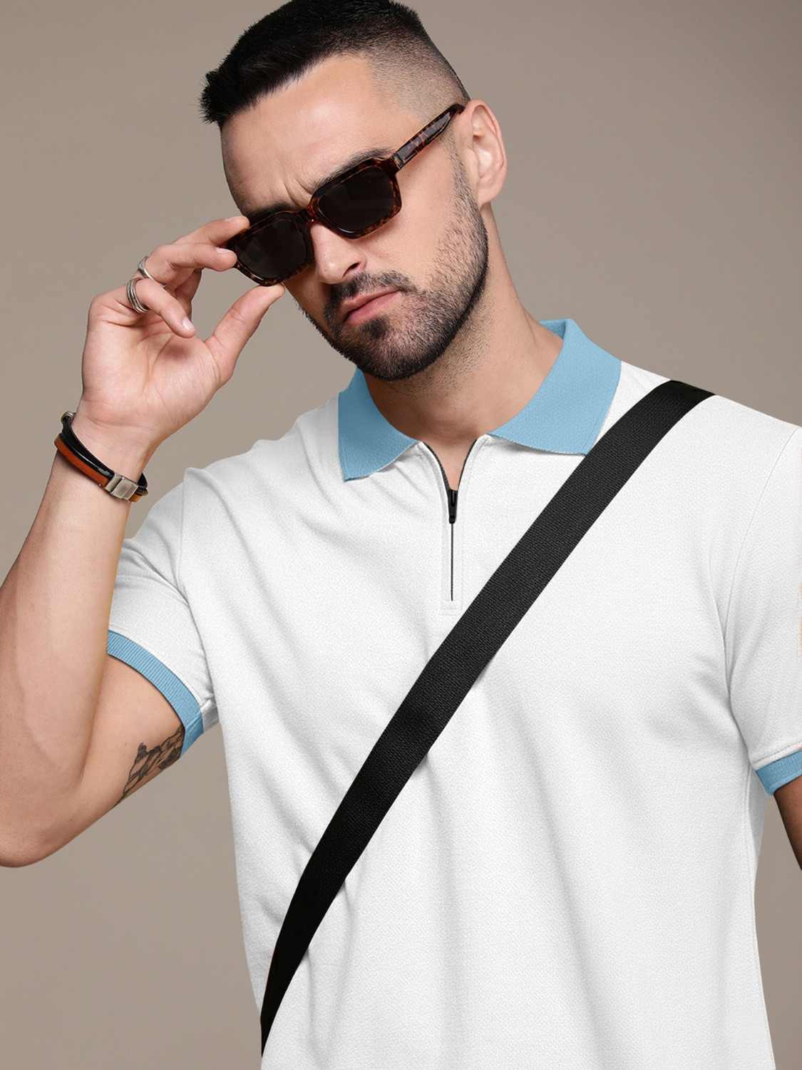 Image of Aamil creation Solid, Colorblock Men Polo Neck White T-Shirt
