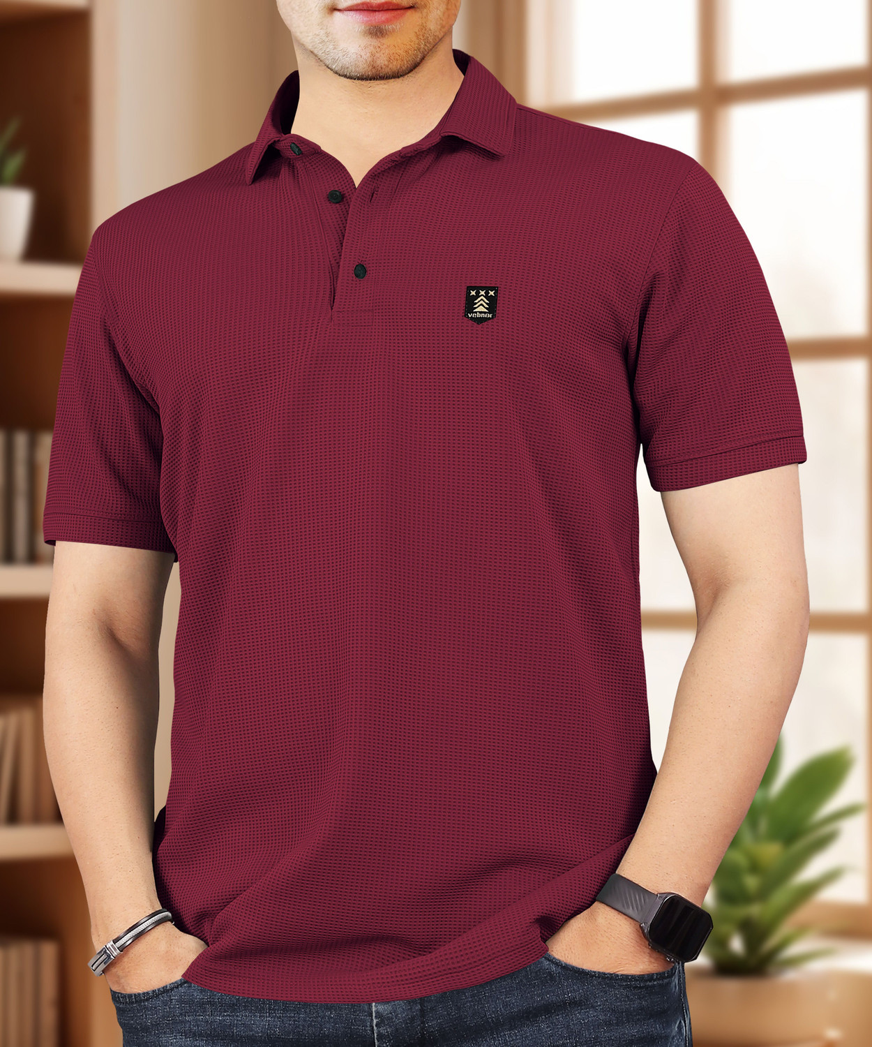 Image of VeBNoR Self Design Men Polo Neck Maroon T-Shirt