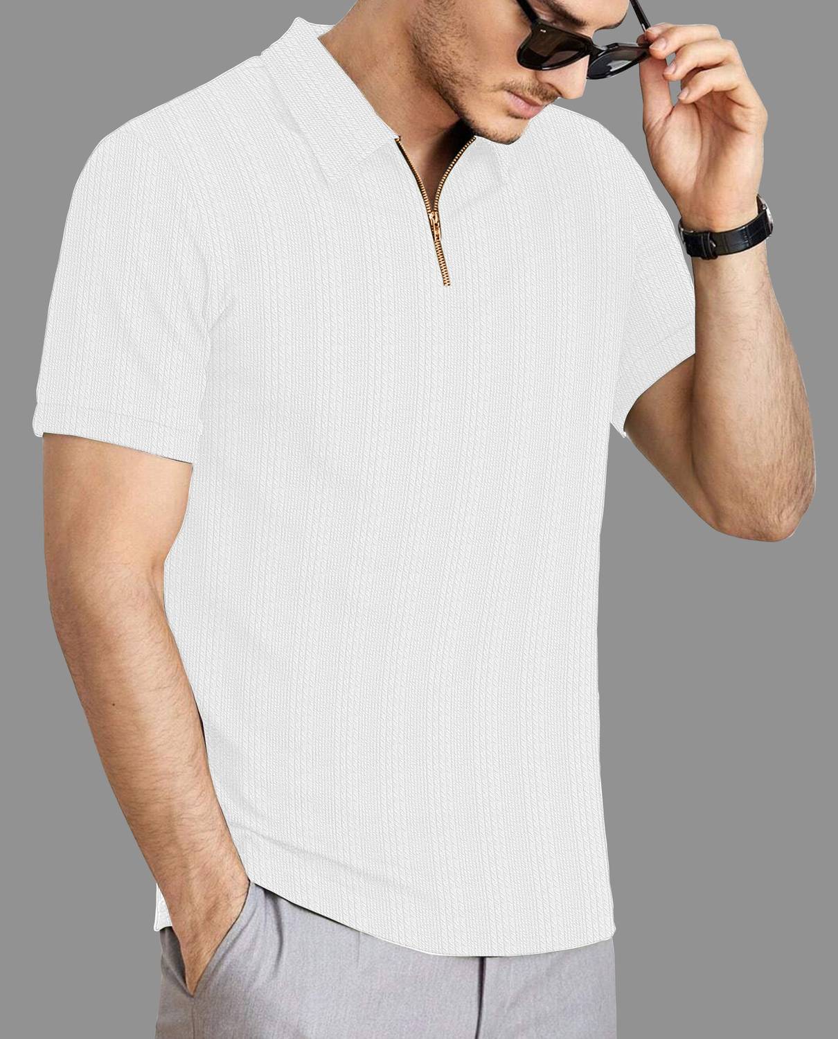 KAJARU Men Zip Neck White T-Shirt - Image 4