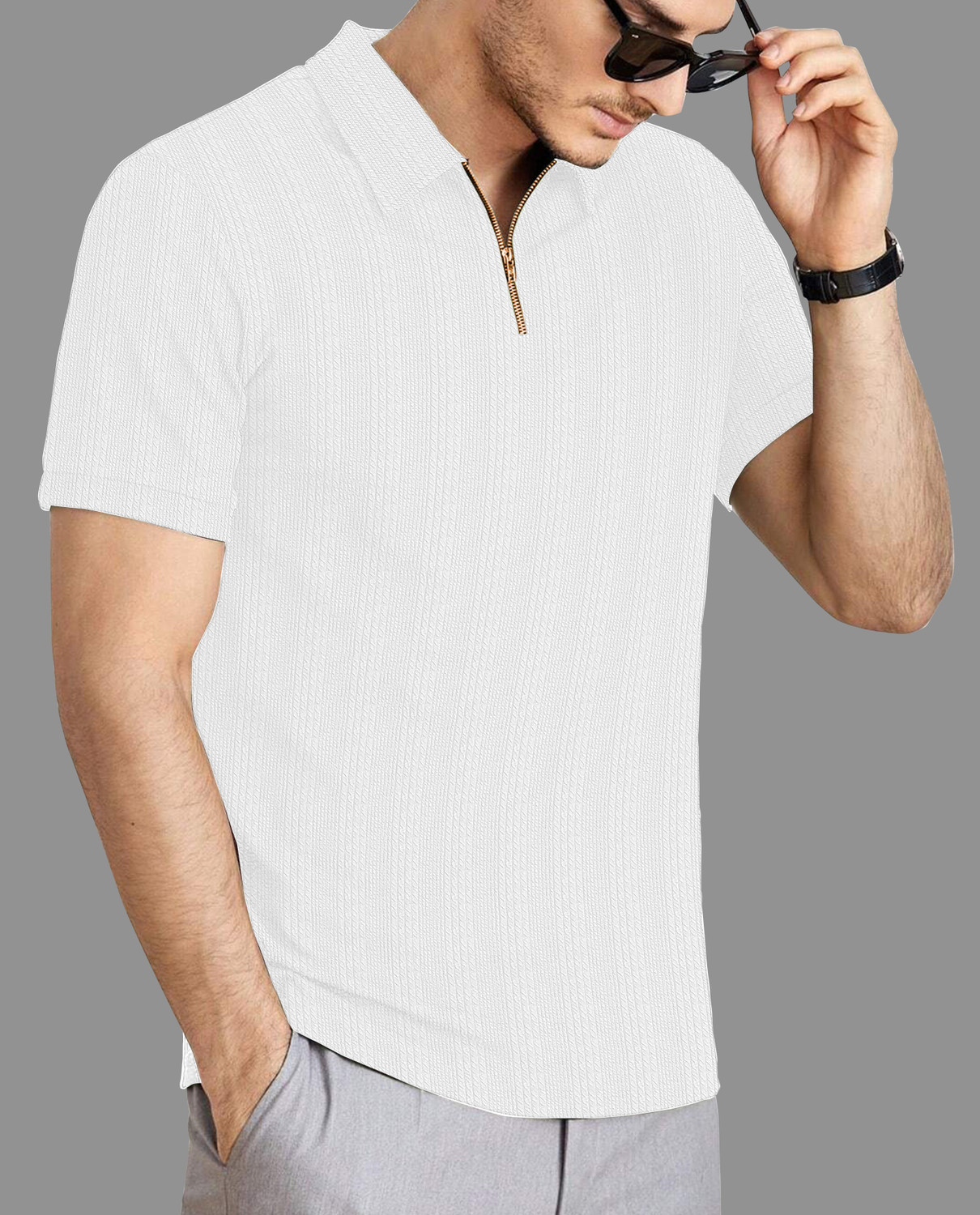 Image of KAJARU Self Design Men Zip Neck White T-Shirt